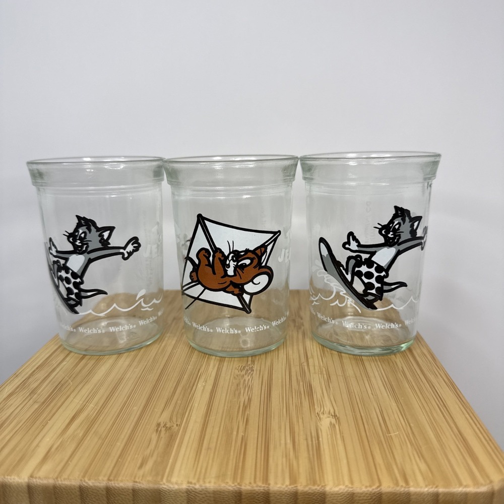 Set Of 3 Vintage 1990 Welch's Jelly Jar Glasses Tom And Jerry